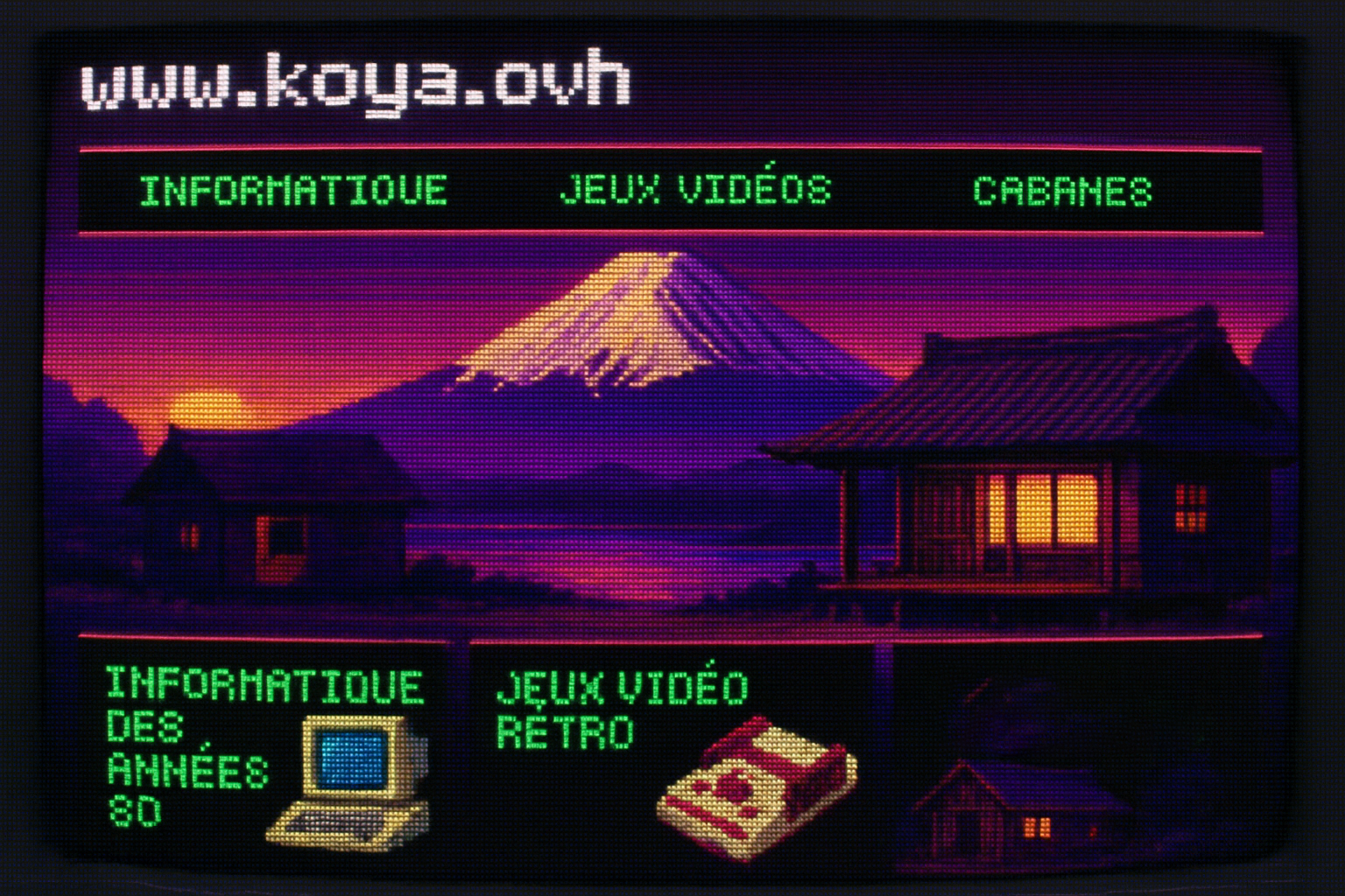 Mont Fuji avec Famicom et cabane en pixel art