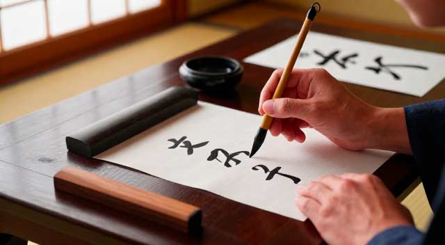 Cahier d'écriture japonaise et pinceau de calligraphie